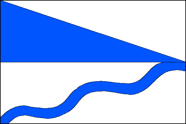 List tvoří dva vodorovné pruhy, modro-bíle kosmo dělený a bílý se šikmým vlnitým modrým pruhem širokým desetinu šířky listu se třemi vrcholy a dvěma prohlubněmi. Poměr šířky k délce listu je 2:3.