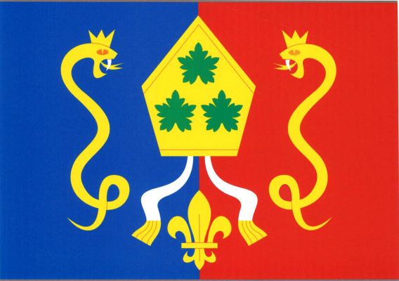 List tvoří dva svislé pruhy, modrý a červený. Ve středu listu žlutá mitra se třemi (1, 2) vztyčenými zelenými vinnými listy bez stopek, s bílými fimbriemi, provázená po stranách vztyčenými přivrácenými korunovanými hady s vyplazenými jazyky a lilií mezi f