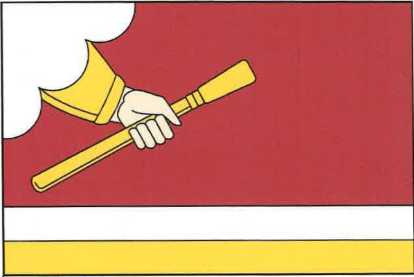List tvoří tři vodorovné pruhy, červený, bílý a žlutý, v poměru 6 : 1 : 1. V horním rohu bílý oblak vycházející z první poloviny žerďového a první třetiny horního okraje listu. Z oblaku vyniká žlutě oděná levá ruka, držící šikmo žlutou hůl. Poměr šířky k 