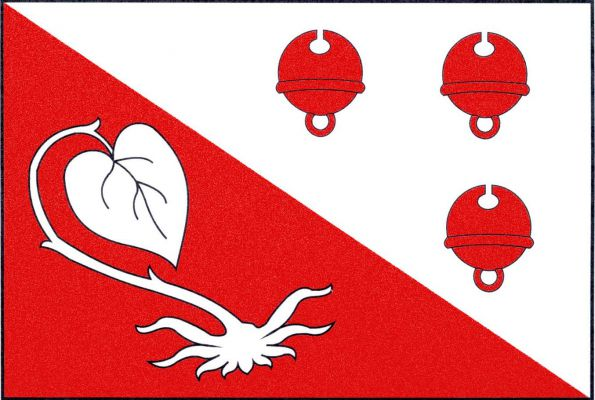 Červeno-bíle kosmo dělený list. V žerďovém poli vykořeněné bílé lekno, ve vlajícím poli tři (2, 1) obrácené červené rolničky. Poměr šířky k délce listu je 2 : 3.