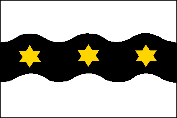 Bílý list s černým vodorovným vlnitým pruhem širokým tři osminy šířky listu, o třech vrcholech a dvou prohlubních, se třemi žlutými šesticípými hvězdami. Poměr šířky k délce listu je 2:3.