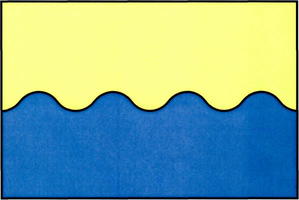 List tvoří dva vodorovné pruhy, žlutý a zvlněný modrý se čtyřmi vrcholy a pěti prohlubněmi. Poměr šířky k délce listu je 2 : 3.