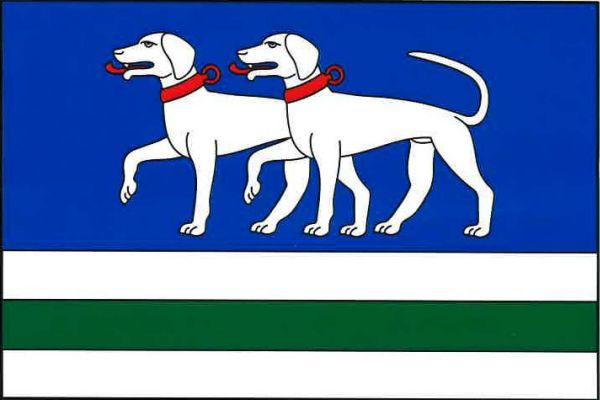 List tvoří čtyři vodorovné pruhy, modrý, bílý, zelený a bílý, v poměru 5 : 1 : 1 : 1. V modrém pruhu dvojice vykračujících bílých loveckých psů s červeným jazykem a obojkem s kroužkem. Poměr šířky k délce listu je 2 : 3.