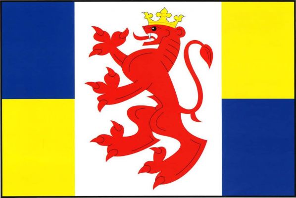 List tvoří tři svislé pruhy, modro-žlutě dělený, bílý s červeným korunovaným lvem a žluto-modře dělený, v poměru 1 : 2 : 1. Poměr šířky k délce listu je 2 : 3.