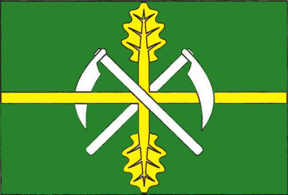 Zelený list; uprostřed zkřížené bílé kosy proložené žlutým středovým křížem s horním a dolním ramenem tvořeným dubovým listem. Poměr šířky k délce 2 : 3.