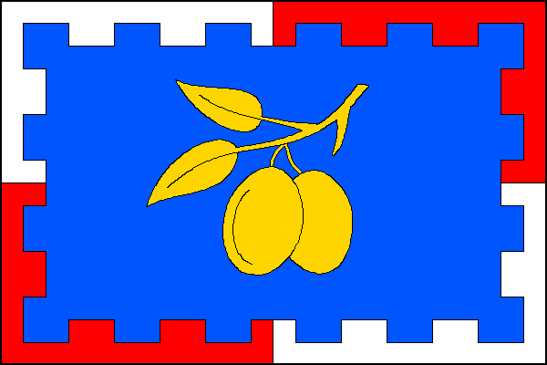 Modrý list se žlutou švestkovou větví se dvěma plody a dvěma listy. List je zubatě bílo-červeně čtvrceně lemován. Poměr šířky k délce listu je 2:3.