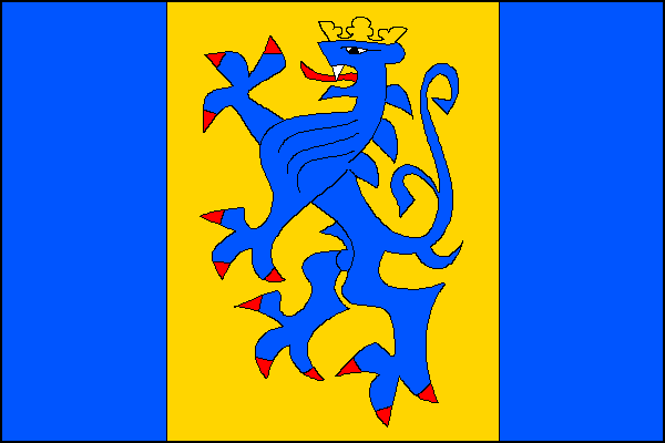 List tvoří tři svislé pruhy, modrý, žlutý a modrý, v poměru 1:2:1. Ve žlutém pruhu modrý korunovaný lev s červenou zbrojí. Poměr šířky k délce listu je 2:3.