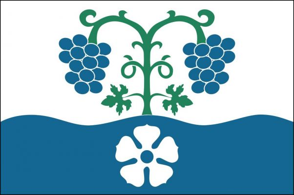 List tvoří dva vodorovné pruhy, bílý a modrý zvlněný se třemi vrcholy a dvěma prohlubněmi, v poměru 5 : 3. V bílém pruhu dva svěšené modré vinné hrozny na zeleném stonku se dvěma listy vyrůstajícím z modrého pruhu. V modrém pruhu bílá růže s modrým semení