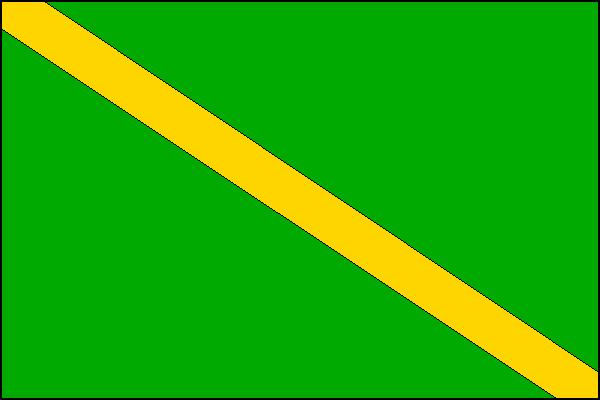 Zelený list s kosmým žlutým pruhem širokým jednu sedminu šířky listu. Poměr šířky k délce listu je 2:3.