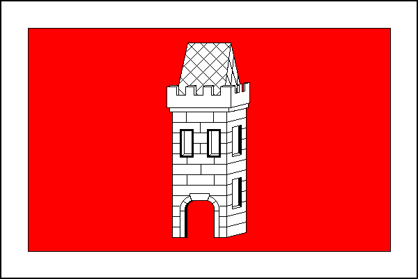 Červený list s bílým lemem širokým jednu desetinu šířky listu. Uprostřed bílá čtyřhranná kvádrovaná věž s prázdnou branou, valbovou střechou a cimbuřím, dvěma okny vedle sebe na čelní stěně a dvěma pod sebou na boční stěně. Poměr šířky k délce listu je 2: