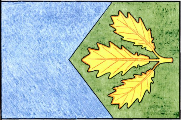 Modrý list se zeleným vlajícím pětiúhelníkovým polem na okraji listu dlouhým tři osminy délky listu a s vrcholem ve třetí osmině délky listu. V poli žlutý dubový trojlist listy k žerďovému okraji. Poměr šířky k délce listu je 2 : 3.
