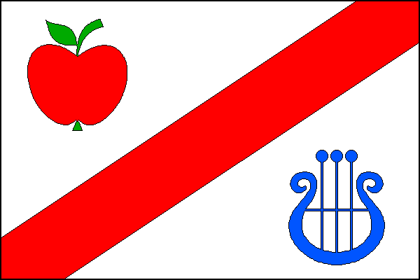 Bílý list se šikmým červeným pruhem širokým čtvrtinu šířky listu. V žerďovém poli červené jablko se zelenou stopkou s listem, ve vlajícím poli modrá lyra. Poměr šířky k délce listu je 2:3.