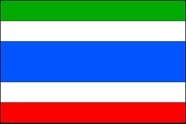 List praporu tvoří zelený, bílý, modrý, bílý a červený pruh ve vzájemném poměru 1:1:2:1:1; poměr délky k šířce je 3:2.