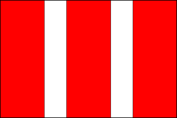 List praporu tvoří pět svislých pruhů (červený - bílý - červený - bílý - červený) v poměru 2:1:2:1:2. Poměr šířky k délce listu je 2:3.