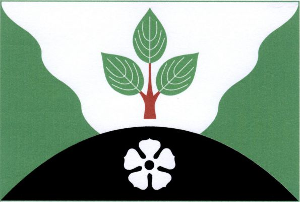Zelený list s bílým vlnitým klínem, vycházejícím z horního okraje listu, překrytý na dolním okraji listu černým návrším vysokým třetinu šířky listu. V klínu vztyčená červená svídová větev se třemi zelenými listy (1, 2). V návrší bílá růže s černým semeník
