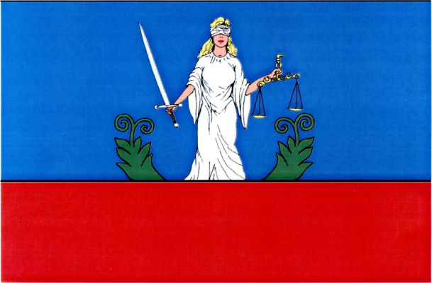 List tvoří dva vodorovné pruhy, modrý a červený, v poměru 2 : 1. Na červeném pruhu stojí bílá postava Spravedlnosti s bílým mečem v pravé a se žlutými miskovými vahami v levé ruce, provázená dvěma vyrůstajícími zelenými ratolestmi. Poměr šířky k délce lis