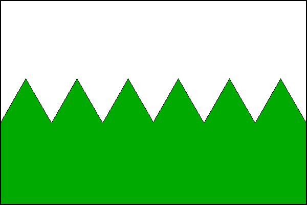 Bílý list se zubatým zeleným dolním vodorovným pruhem se šesti rovnostrannými trojúhelníkovými zuby. Plocha bílého a zeleného pole je totožná. Poměr šířky k délce listu je 2:3.