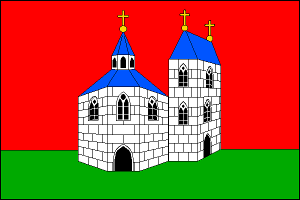 List tvoří dva vodorovné pruhy, červený a zelený, v poměru 3:1. Uprostřed listu bílý polygonální kostel s vchodem a oknem v průčelí, dvěma okny v bočních zdech, stanovou střechou s polygonální věžičkou se stanovou střechou. Ve vlající polovině přiléhá ke 