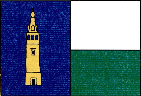 List tvoří modrý žerďový pruh široký polovinu délky listu se žlutou věží-zvonicí a dva vodorovné pruhy, bílý a zelený. Poměr šířky k délce listu je 2 : 3.