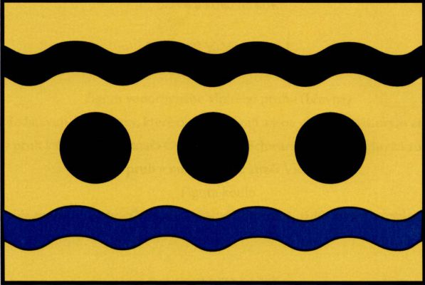List tvoří pět vodorovných pruhů, žlutý, vlnitý černý, vlnitý žlutý, vlnitý modrý a žlutý, v poměru 3 : 2 : 6 : 2 : 3. V prostředním pruhu tři černá kruhová pole vedle sebe. Poměr šířky k délce listu je 2 : 3.