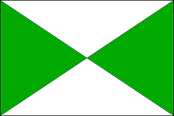 Bílý list se zeleným žerďovým a vlajícím klínem s vrcholy ve středu listu. Poměr šířky k délce listu je 2:3.