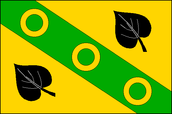 Žlutý list s kosmým zeleným pruhem širokým jednu čtvrtinu šířky listu se třemi žlutými mezikružími. Ve žlutých polích po jednom kosmém černém lipovém listu. Poměr šířky k délce listu je 2:3.