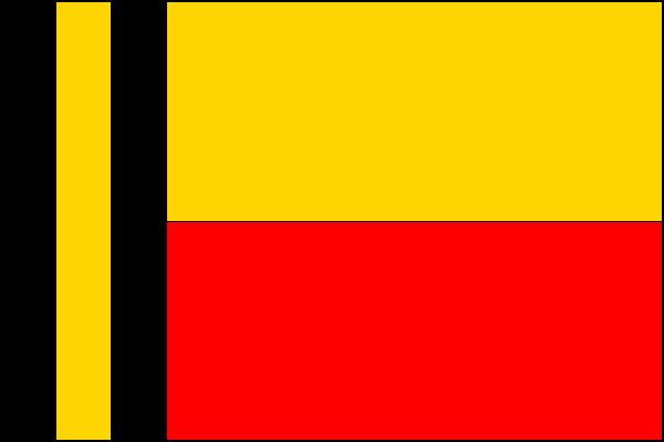 List tvoří tři žerďové pruhy, černý, žlutý a černý, každý široký jednu dvanáctinu délky listu a dva vodorovné pruhy žlutý a červený. Poměr šířky k délce listu 2:3.