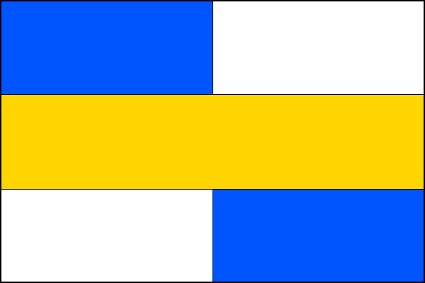List tvoří tři vodorovné pruhy: horní v žerďové části modrý a ve vlající části bílý, střední žlutý, v dolní žerďové části bílý a ve vlající modrý. Poměr šířky k délce listu je 2:3.