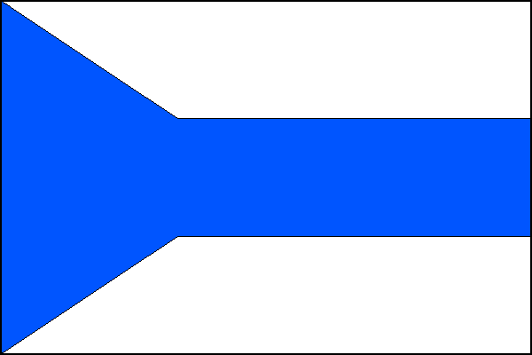List tvoří tři vodorovné pruhy: bílý, modrý a bílý v poměru 2:1:2. Modrý pruh se v žerďové třetině rozšiřuje v modrý žerďový klín. Poměr šířky k délce listu je 2:3.