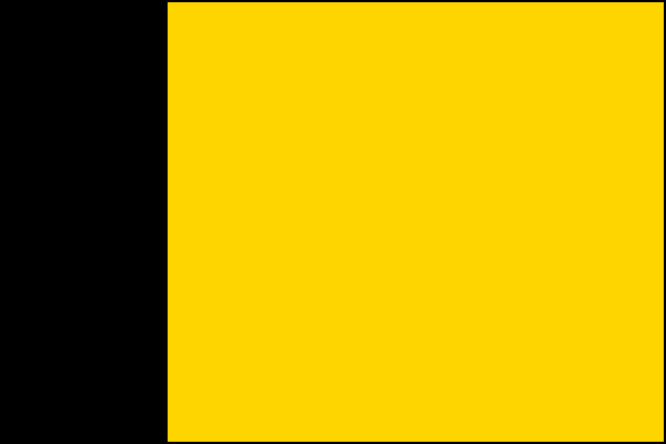 Žlutý list s černým svislým žerďovým pruhem širokým jednu čtvrtinu délky listu. Poměr šířky k délce listu je 2:3.