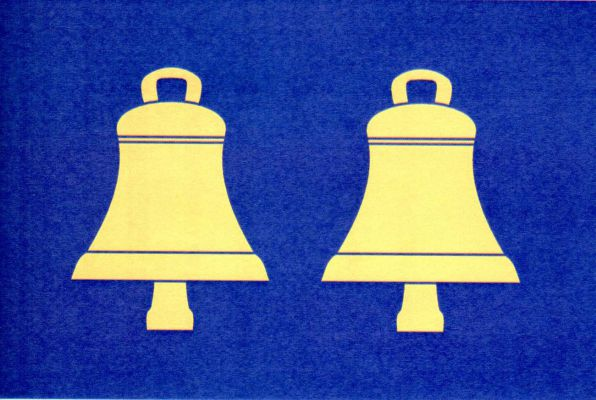 Modrý list se dvěma žlutými zvony vedle sebe. Poměr šířky k délce listu je 2 : 3.