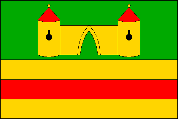 List tvoří čtyři vodorovné pruhy, zelený, žlutý, červený a žlutý, v poměru 3:1:1:1. V zeleném pruhu žlutá zeď s prolomenou gotickou branou mezi dvěma žlutými baštami, každá s jednou černou klíčovou střílnou a červenou kuželovou střechou se žlutou makovicí