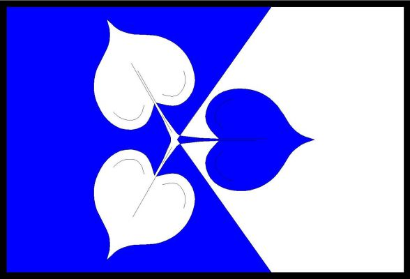 Modrý list s vlajícím bílým pětiúhelníkem vycházejícím z třetí třetiny horního a dolního okraje listu a s vrcholem v druhé pětině délky listu. Uprostřed leknínový trojlist opačných barev se dvěma listy v modrém poli. Poměr šířky k délce listu je 2 : 3.