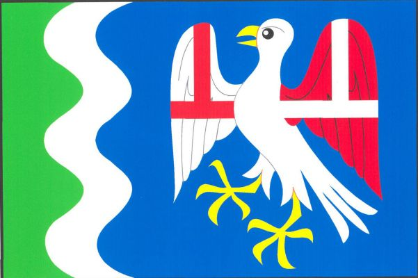 List tvoří tři svislé pruhy, zelený, vlnitý bílý a zvlněný modrý, v poměru 1 : 1 : 4. Zvlněný a vlnitý pruh mají tři vrcholy a dvě prohlubně. V modrém pruhu bílý rozkřídlený pták s červeným levým křídlem a žlutou zbrojí. Na křídlech dolů obrácený antoníns