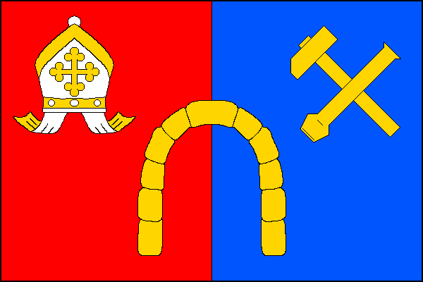 List tvoří červená žerďová část s bílou žlutě zdobenou mitrou v horním rohu a modrá vlající část s žlutým zkříženým kladivem a dlátem v horním cípu. Uprostřed žlutá prázdná brána z kvádrů. Poměr šířky k délce listu je 2:3.