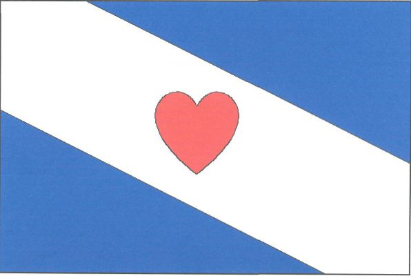 Modrý list s bílým kosmým pruhem širokým polovinu šířky listu, v něm červené srdce. Poměr šířky k délce listu je 2 : 3.