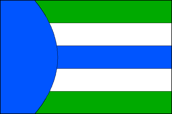 List tvoří žerďový vypouklý modrý pruh, široký jednu pětinu délky listu na horním a dolním okraji s obloukem sahajícím do jedné třetiny délky listu, a pět vodorovných pruhů, zelený, bílý, modrý, bílý a zelený. Poměr šířky k délce listu je 2:3.