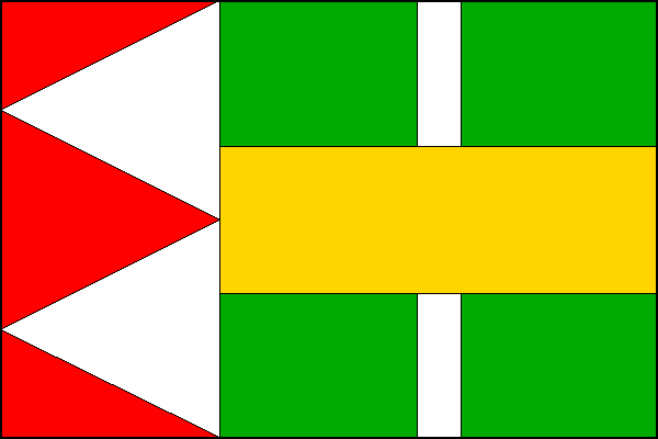 List tvoří čtyři svislé pruhy, červený, zelený, bílý a zelený v poměru 10:9:2:9. V žerďovém pruhu dva bílé klíny s vrcholy na žerďovém okraji a základnami širokými polovinu šířky listu. Přes zbývající pruhy žlutý vodorovný pruh široký jednu třetinu šířky 