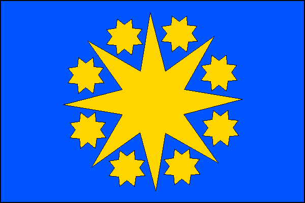Modrý list s osmicípou žlutou hvězdou s osmi žlutými osmicípými hvězdičkami mezi cípy. Poměr šířky k délce listu je 2:3.