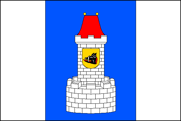 List tvoří tři svislé pruhy, bílý, modrý a bílý, v poměru 1:2:1. V modrém pruhu kruhová hradba s vyrůstající věží, obojí bílé, kvádrované a s cimbuřím s červenou valbovou střechou se dvěma žlutými makovicemi. Na věži žlutý štítek s černou sviní hlavou s b