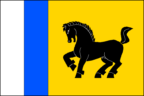 List tvoří dva žerďové pruhy, bílý a modrý, každý široký jednu šestinu délky listu a žluté pole s černým vykračujícím koněm. Poměr šířky k délce listu je 2:3.