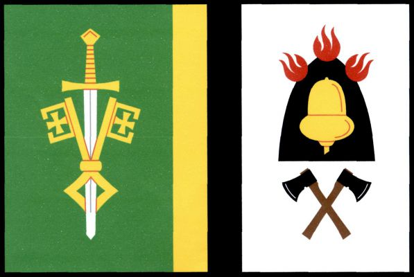 List tvoří čtyři svislé pruhy, zelený, žlutý, černý a bílý, v poměru 5 : 1 : 1 : 5. V zeleném pruhu bílý meč ze žlutým jílcem hrotem k dolnímu okraji procházející okem žlutého gotického dvojklíče. V bílém pruhu černý milíř hořící třemi červenými plameny, 