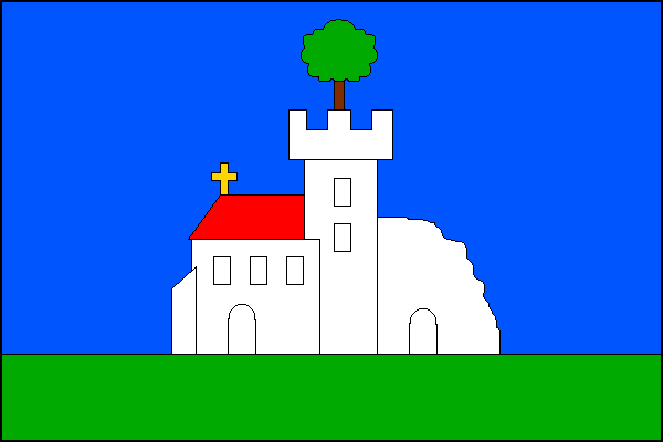 List tvoří dva vodorovné pruhy, modrý a zelený v poměru 4:1. V modrém pruhu na dělící lince bílá zřícenina hradu tvořená okrouhlou věží se dvěma okny nad sebou a s cimbuřím, z něhož vyrůstá zelený listnatý strom s hnědým kmenem. K věži přiléhá směrem k že
