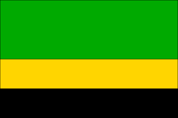List praporu tvoří tři vodorovné pruhy: zelený, žlutý a černý v poměru 2:1:1. Poměr šířky k délce listu je 2:3.