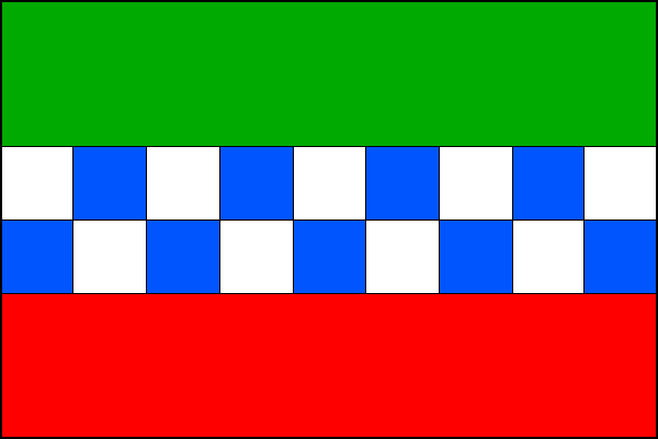 List tvoří tři vodorovné pruhy, zelený, bílo-modře šachovaný (2,9) a červený. Poměr šířky k délce listu je 2:3.