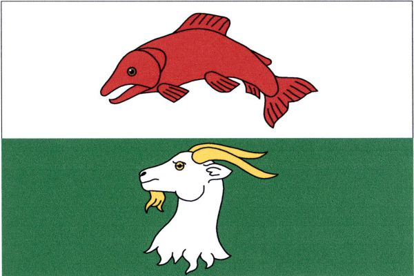 List tvoří dva vodorovné pruhy, bílý s červeným lososem prohnutým do oblouku k hornímu okraji a zelený s bílou kozlí hlavou s krkem se žlutými rohy a bradkou. Poměr šířky k délce listu je 2 : 3.