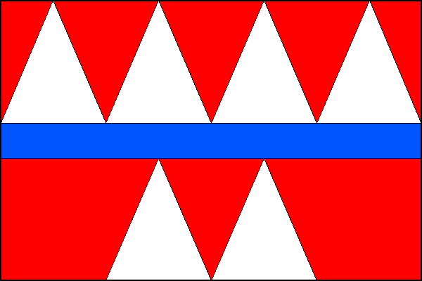 List tvoří tři vodorovné pruhy červený, modrý a červený, v poměru 3:1:3. V horním červeném pruhu čtyři rovnoramenné bílé trojúhelníky se základnami na modrém pruhu a s vrcholy na horním okraji listu. Uprostřed dolního červeného pruhu dva stejné trojúhelní