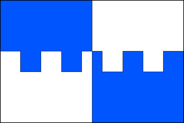 Modro-bíle čtvrcený list, vodorovné dělení je provedeno cimbuřovým řezem o pěti zubech a čtyřech mezerách vysokých jednu osminu délky listu. Poměr šířky k délce listu je 2:3.