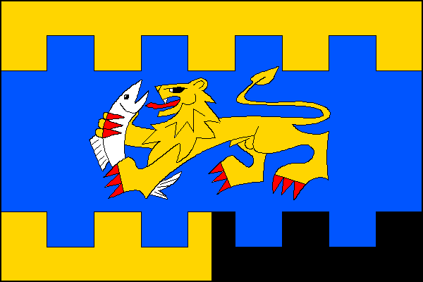 List tvoří tři vodorovné pruhy, žlutý, modrý oboustranně zubatý a žluto-černě polcený, v poměru 1:2:1. Modrý má nahoře i dole po čtyřech zubech a pěti mezerách, vysokých jednu osminu šířky listu. V modrém pruhu žlutý kráčející lev s červenou zbrojí držící