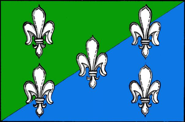 Zeleno - modře šikmo dělený list s pěti (2 ,1, 2) bílými liliemi. Poměr šířky k délce listu je 2 : 3.